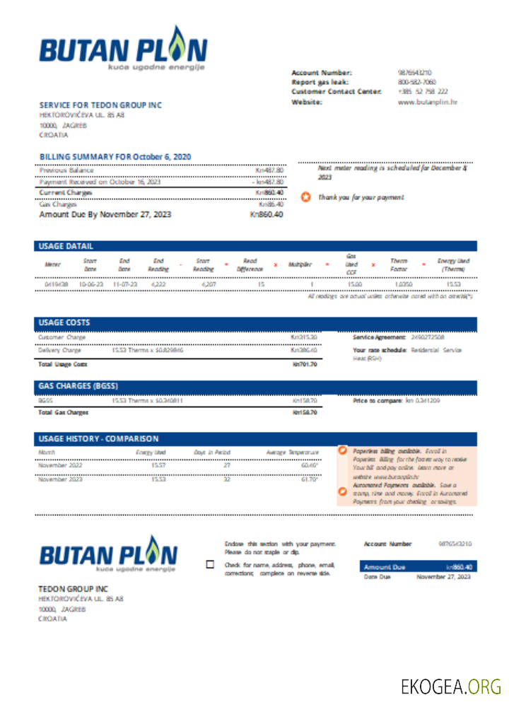 BUTAN PLIN d.o.o. facture commerciale du service public de gaz, SCR